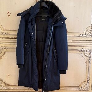 Noize Navy Long Puffer Coat with Faux Fur Collar and removable hood